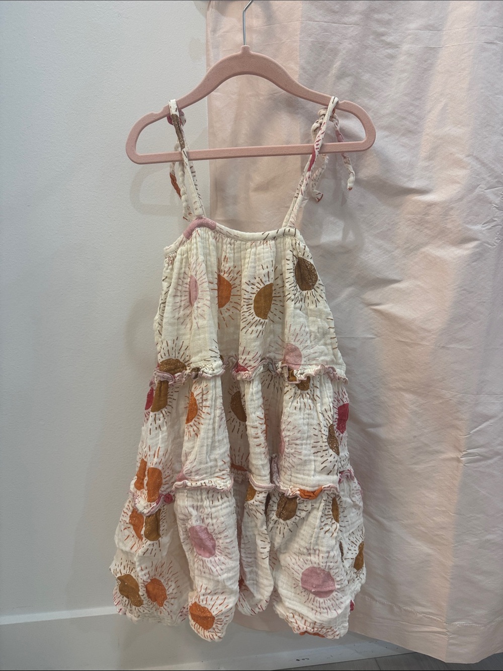 Pink Chicken Cream Tiered Sundress with Pink & Orange Sunburst